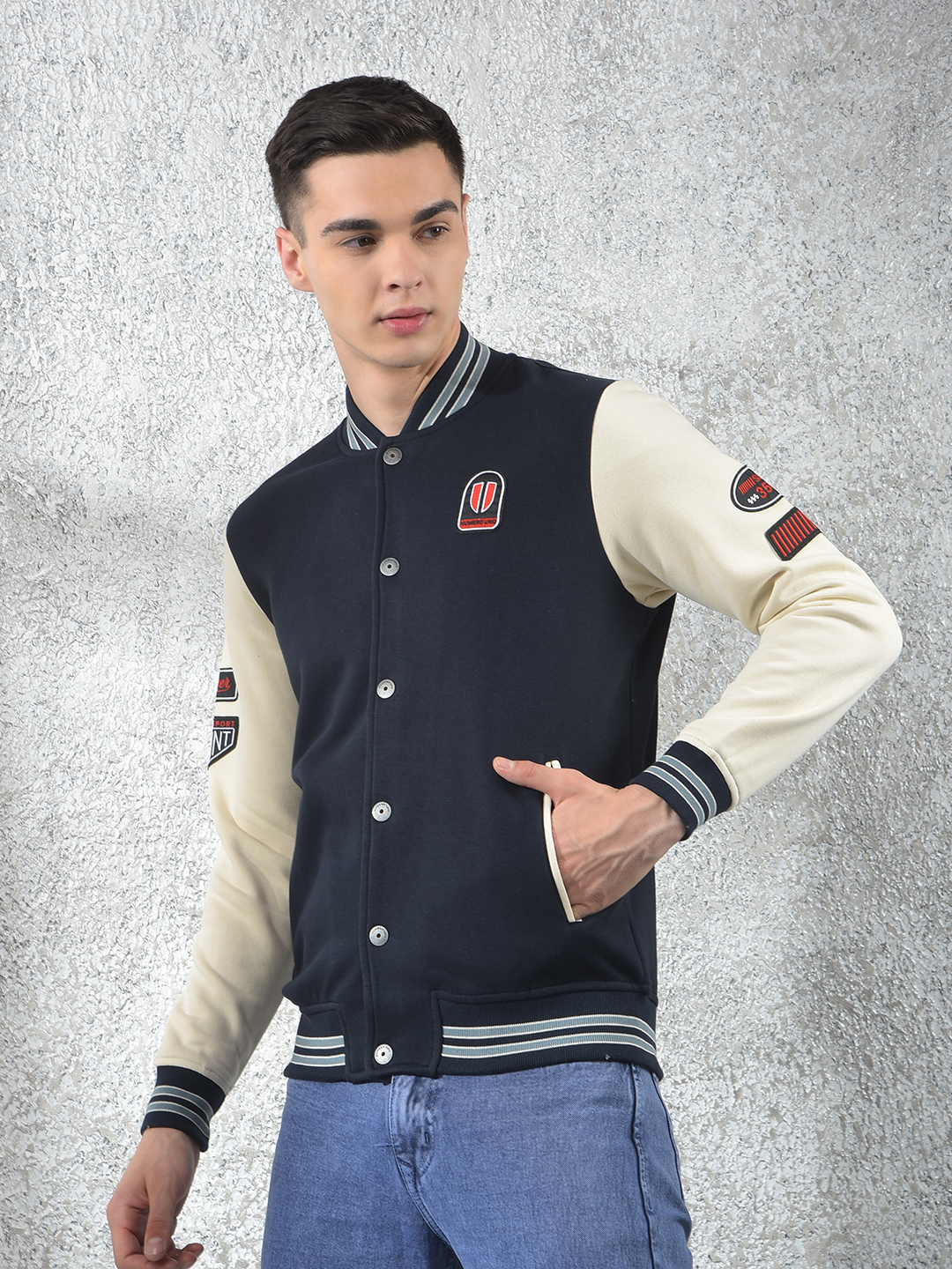 Numero Uno Men Applique Blue Front Open Buttoned Sweatshirt